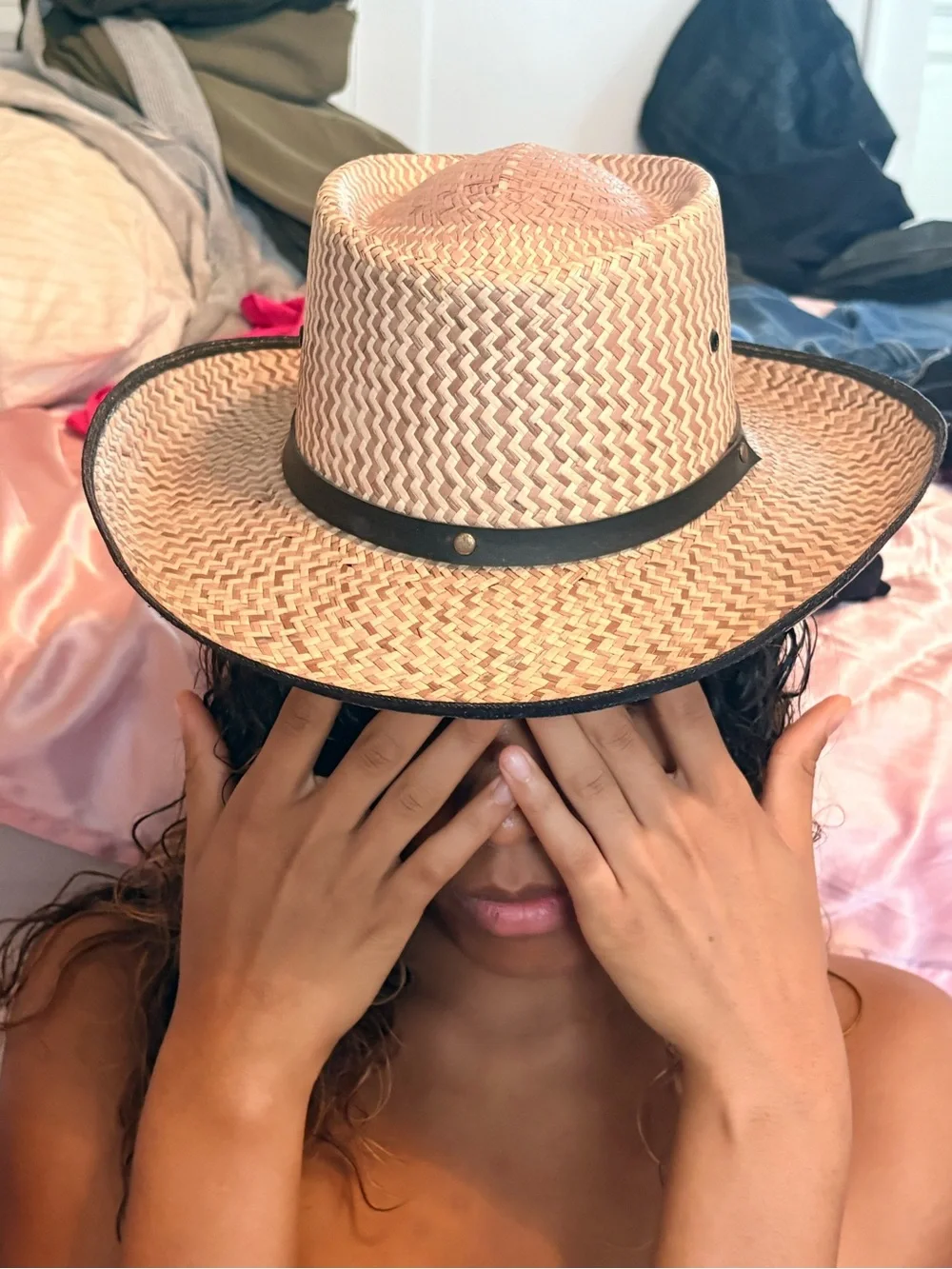 Straw Rancher Hat with Black Trim - Natural